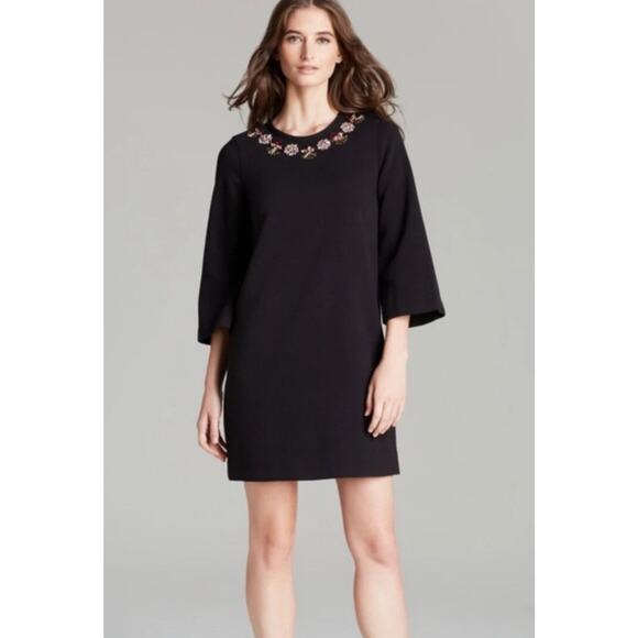 Kate Spade Lucy Jeweled Neck Bell Sleeve Crepe Black Shift Dress Size 2 - Picture 2 of 16